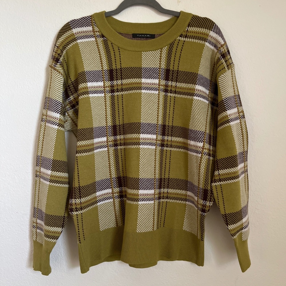 Tahari Green Plaid Sweater Oversized Cozy Fall Academia Knit Size L